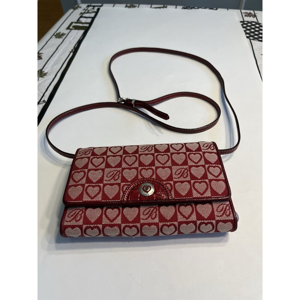 Brighton Red Signature Logo Heart Leather Trim Crossbody Trifold Purse Wallet